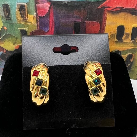 Costume Jewelry Jewelry - Mughal Color Stones on Gold Semi-Hoop Earrings 1990’s